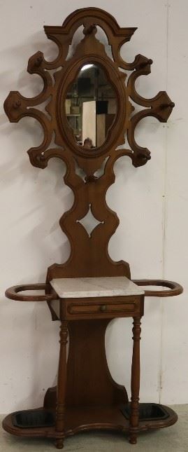 Victorian walnut carved marble top hall tree