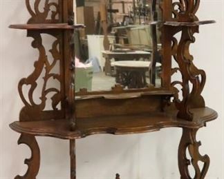 Walnut carved & decorated mirror back etagere