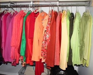 A literal rainbow of women's very nice cloths.  Most all 1X and Size 26.  Blouses, shirts, jackets, skirts, pants.  All very nice. 