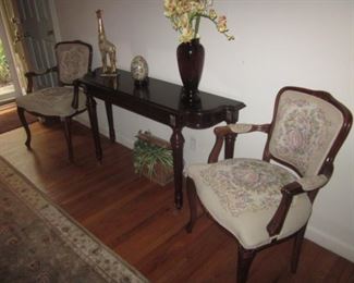 Victorian Tapestry Fireside Lounge Arm Chairs &
Mahogany Sofa Table