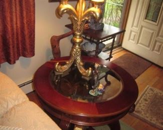 Matching Beveled Glass End Tables With Brass Lighting