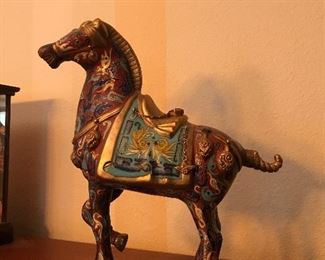 CLOISONNE HORSE / 20TH CENTURY/ RUSSET GROUND W/BLUE AND GOLD ACCENT COLORS. H 14” W 12”