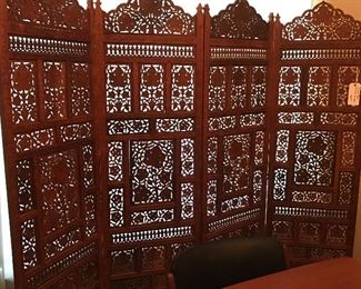 ASIAN CARVED WOOD 4 PANEL SCREEN