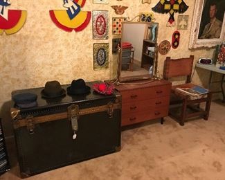 ANTIQUE TRUNK/VINTAGE MEN'S HATS/  SMALL 3 DRAWER CHEST WITH FREE STANDING MIRROR/ ONE OF 6 LEATHER CHAIRS