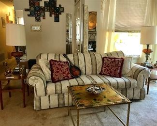 SIMMONS TWO CUSHION SOFA/ LIKE NEW/ OLD MANDOLIN/ BRASS COFFEE TABLE W/ ACRYILIC TOP/ TWO RETRO TABLE LAMPS