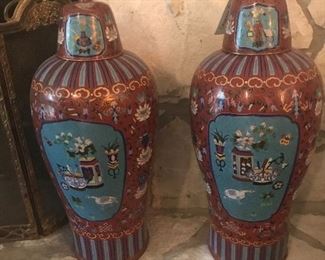PR. CLOISONNE LIDDED URNS 20th CENTURY/ GROUND RUSSET AND BLUE WITH GOLD ACCENTS /25 1/2” TALL