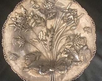 LARGE STERLING BOWL WITH EMBOSSED FLOWERS, BIRDS AND BEES 