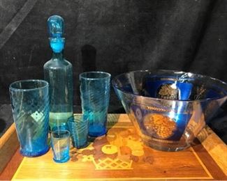 003 Blue Swirl Glass Pitcher, Glasses  Shot