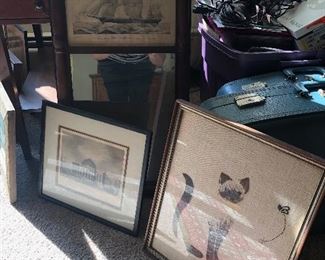 Art - print of engravings, handmade cross-stitched Siamese cat, vintage nautical image set with mirror.