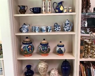 Various pitches, containers, vases, vintage Salt Marsh pottery, Chinoiserie pottery, and Lenox salt shaker and pepper grinder.  