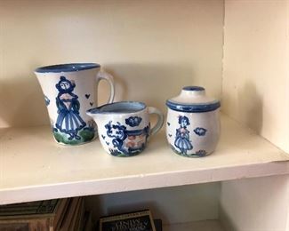 M. A. Hadley Pottery - Large coffee cup, creamer, and sugar bowl with lid. 