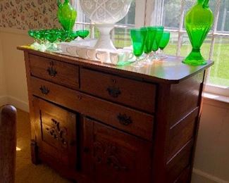 Beautiful green Tetley tea glasses goofy glasses antique Westmoreland cut glass white punch bowl pedestal and cups