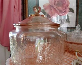 Pink depression glass biscuit cookie jar