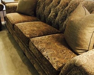 (2) Matching Smith Brothers tufted sofas trimmed with antique brass railheads, down fill, 88"L x 39"D x 36"H 