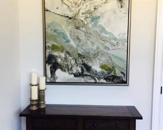 (2) Large Framed Art 42" x 60"; (2) Pottery Barn Tables with Baskets, 54"L x 14"D x 30"H