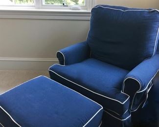 Blue Club Chair with White Piping and matching Ottoman