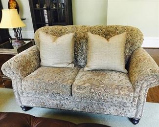 Tufted Love Seat with Antique Brass Nail Trim, Down Fill, Smith Brothers/Whitley Galleries, 58" x 36"; Pair of 18" Pillows, Down Filled