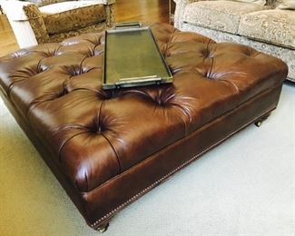 Custom XL Tufted Square Ottoman in Rustic Brown Leather, Smith Brothers