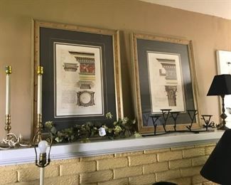 Framed architectural prints, lamps and tabletop items