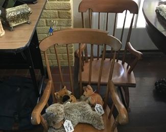 Children's wooden rocking chairs and Steiff stuffed animals