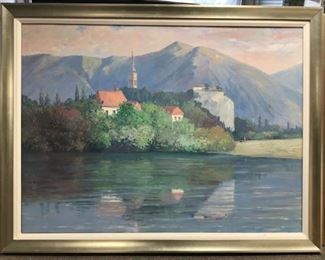 Brosseau, "Villa on the Lake (Geneva, Switz.) circa 1990, 45 x 52 in. framed.   Gallery Price $4500.  New Sale Price $1495.
