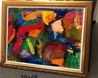 Helen Kravit, Oil on canvas, circa 1965, 39 x 48 in. framed.   Kravit was a pupil of German-American Abstract Expressionist A. Gottlieb. Gallery Price $4900. Sale Price $1900. 

