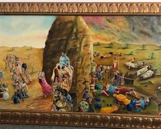 A very quirky panoramic depiction of Moses at Sinai and the Golden Calf together with the Korach Rebellion and the Striking of Aaron's son's.  The whole Magilla!  circa 1940-1950, oil on panel, 60 x 24 in. framed.  Signed Lauterbach.  Gallery Price $2,500. Sale Price $900.