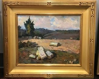 Joseph Puchinski, "This was Once a Jewish Cemetery", circa 1960, oil on canvas, 24 x 28 in. framed. The location in Bella Russe is notated on the back.  Gallery Price $4000.  Sale Price $1900.