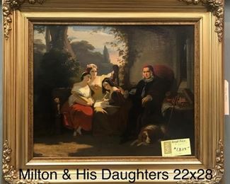 Milton and His Daughter, attributed to John Nagle, British-American painter of the mid 19th Century, 22 x 28 in. framed. circa 1860.  Gallery Price $3900.  Sale Price $1829.  This painting is in excellent conditon