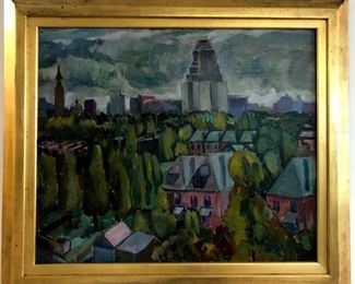 Philip Gronemeyer, St.Louis from the Central West End Looking East) oil on board, circa 1950. 30 x 36 in. framed. Gallery Price $3000. Sale Price $1500. 