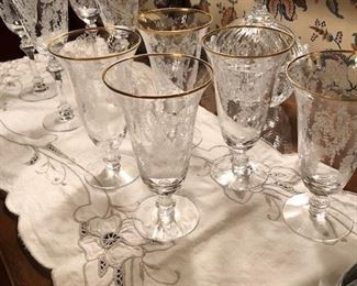 1940’s gold rimmed etched crystal goblets, tea and sherberts