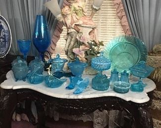 Stunning Marble Top, Ornately Carved Entry Table full of Lovely Turquoise & Blue Fenton Glassware