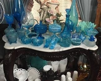 Gorgeous Marble Top Entry Table with Lovely Carved Legs 
       Large Collection Of Milkglass
       Lovely Collection Of Fenton & Aqua & Turquoise Glassware