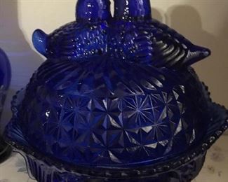 Lovely  Cobalt Blue Candy Dish with 2 Lovebirds  (8” Tall)