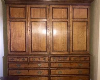 Rare double oak English linen press.  This piece is beautiful with rich patina.  