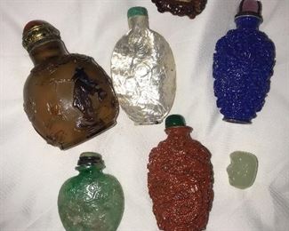 Lovely selection on Chinese snuff bottles. FAMILY PULLED THE JADEITE SNUFF BOTTLE.  THE REST FOR SALE. 