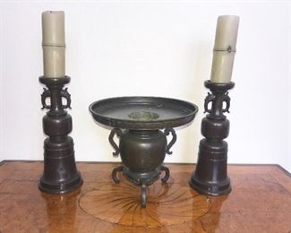 Chinese bronze censor and candlesticks