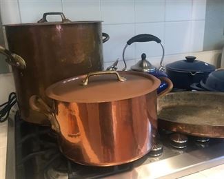 Antique French hand hammered copper pots