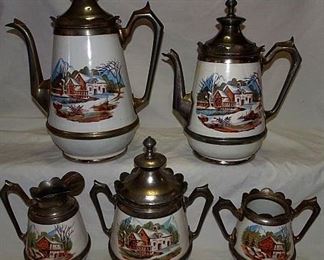 Matching Decorated Granite & Pewter Coffee/Tea Set