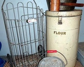 Wire Shopping Cart, Flour Bin, Brass Jelly Kettle