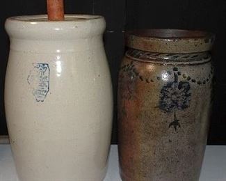 Whitehall Stoneware Churn, Blue Decorated Crock