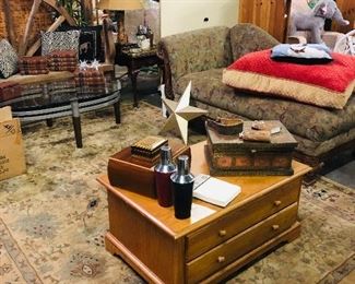 Couches, oriental rug,coffee table, collectibles