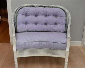 White Wicker Settee with Tufted Lavender Check Upholstery 