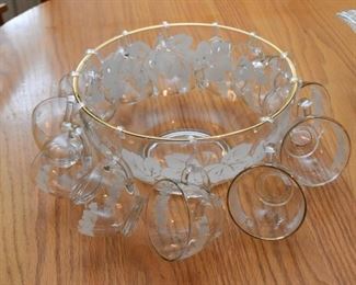 Etched Glass Punch Bowl & Cups (Leaves Design)