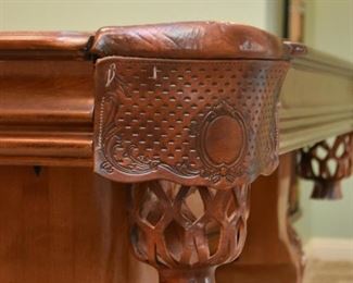 Stunning Pool Table by American Heritage (Carved Details, Burl Wood, Leather Pockets)