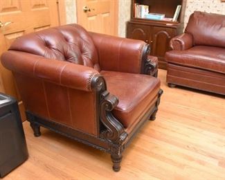 Tufted Leather Armchair & Ottoman with Wood Details