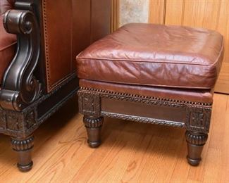 Tufted Leather Armchair & Ottoman with Wood Details