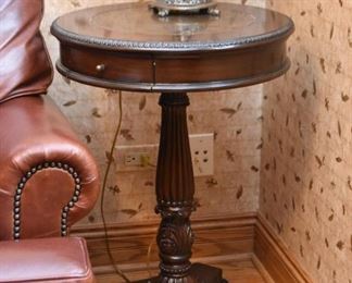 Ornate Round Accent Table with Drawer & Inlaid Top