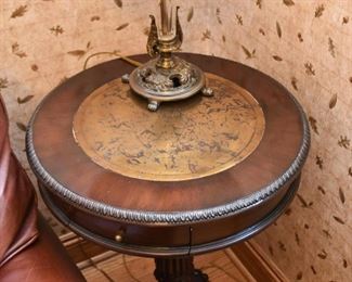 Ornate Round Accent Table with Drawer & Inlaid Top
