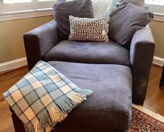 Gray ultra suede 'chair and a half' with ottoman